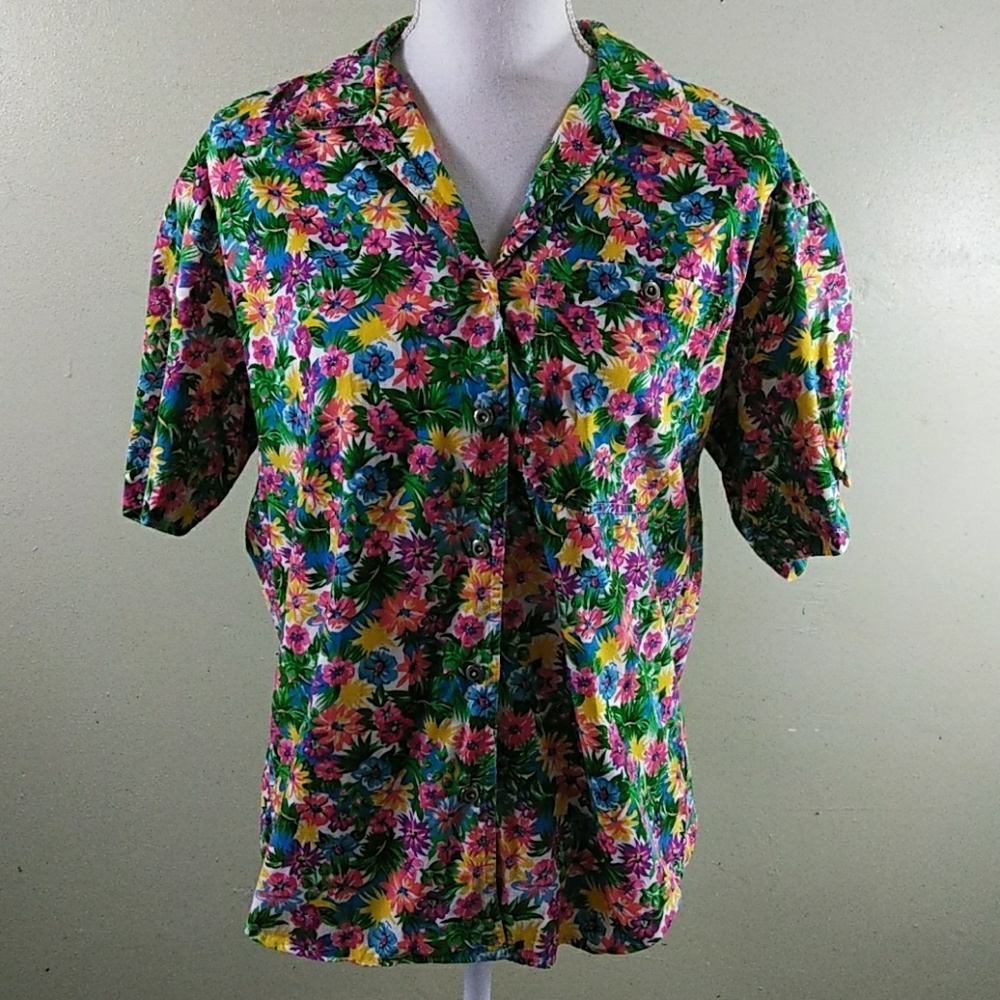 Vintage Lizsport Colorful Floral Print  Shirt - M - EUC